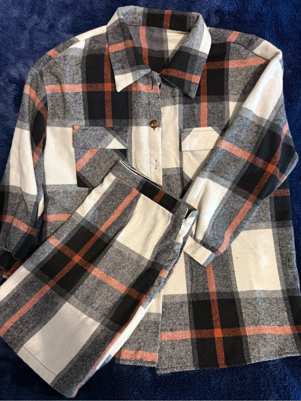 Plaid Button-Up Shirt Jacket with matching skirt  in Cream, Black & Rust